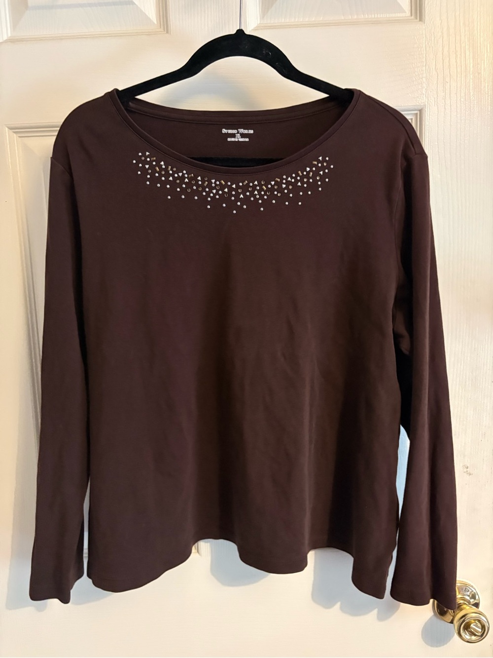 Studio Works Brown Long-Sleeve Top with Rhinestone Accent